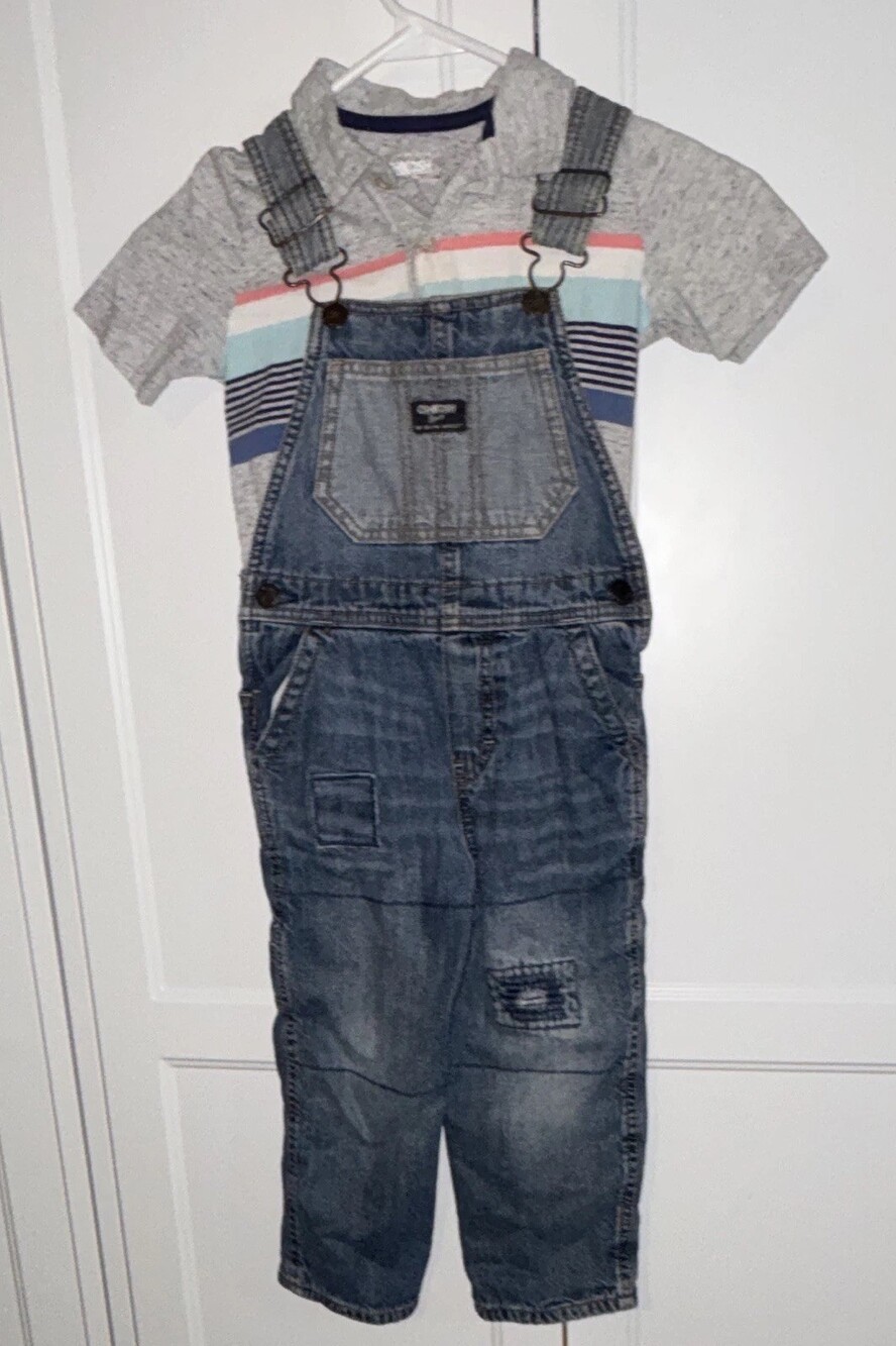 OshKosh B'gosh Boys 4T 2pc Denim Overalls & Striped Polo Shirt Blue/Gray